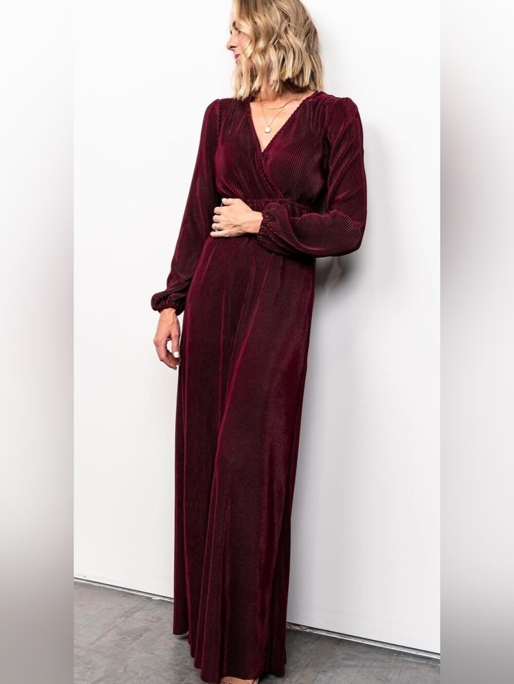 Baltic Born Mulberry Wine Pleated Satin Venus Maxi Dress